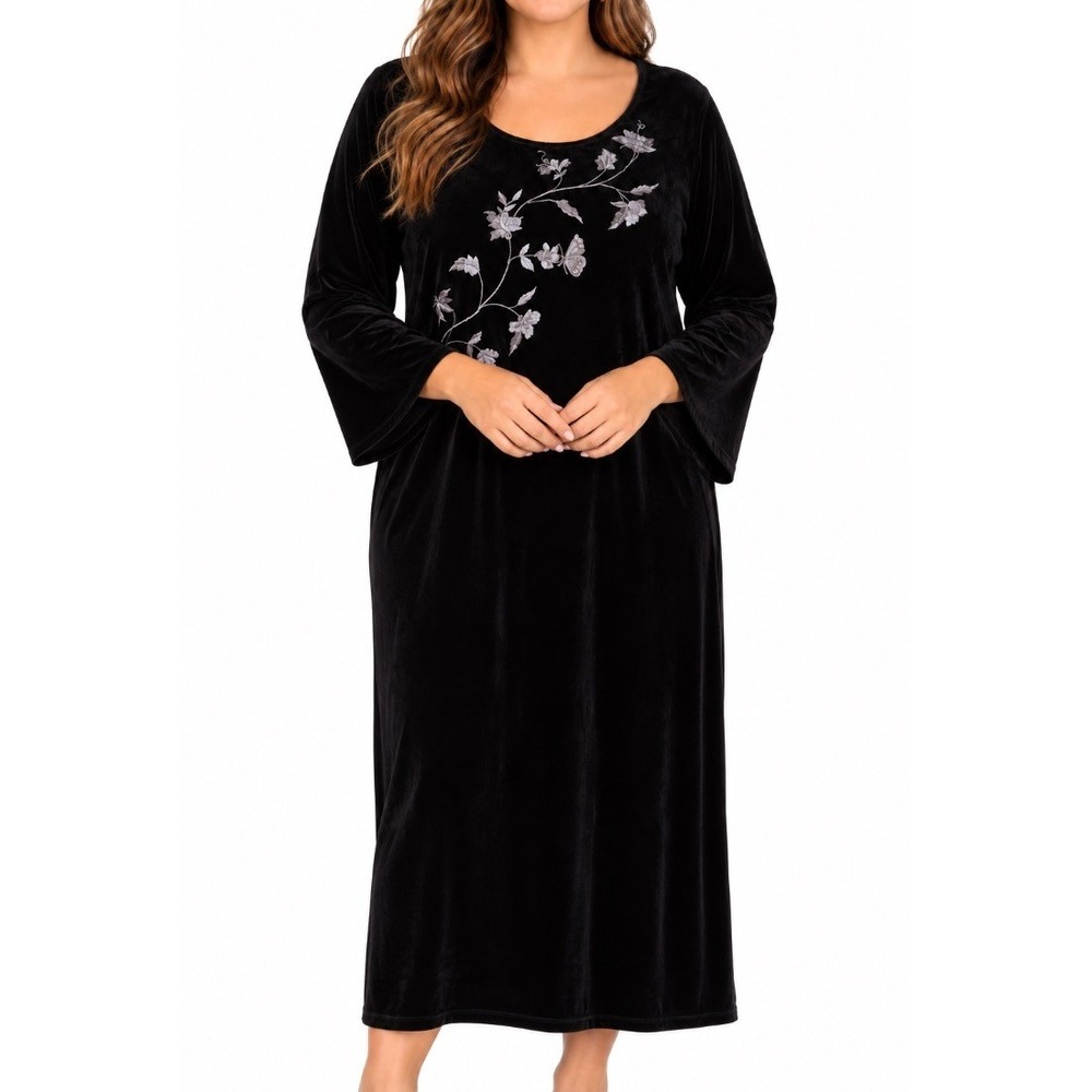 Jazz II Womens Black Velvet Embroidered Floral Maxi Dress Long Sleeve 18